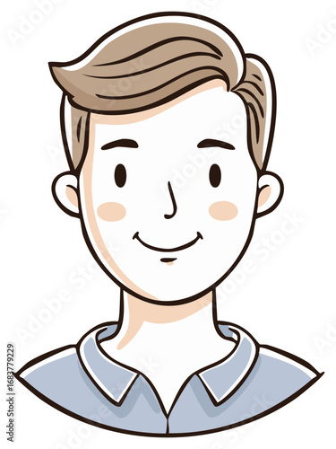 Smiling young man with short brown hair and blue shirt cartoon portrait