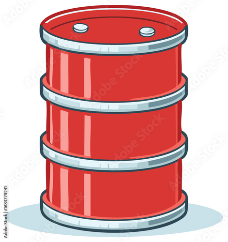Shiny red metal drum container for oil fuel or chemicals cartoon vector illustration