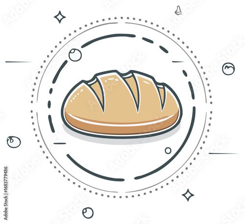 Freshly baked loaf of bread graphic icon in a decorative circular frame