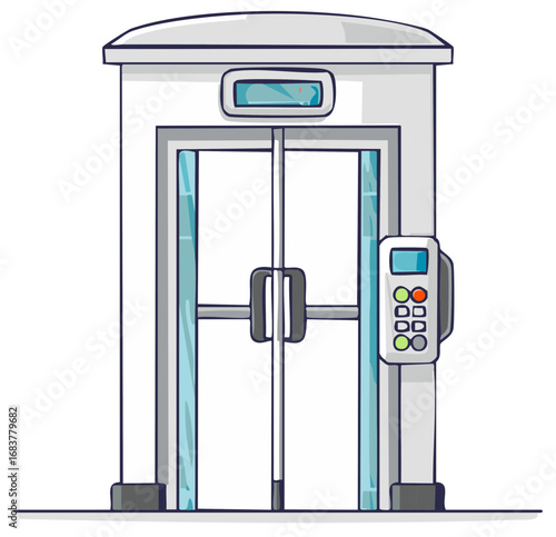 Modern glass elevator entrance with digital control panel and illuminated display