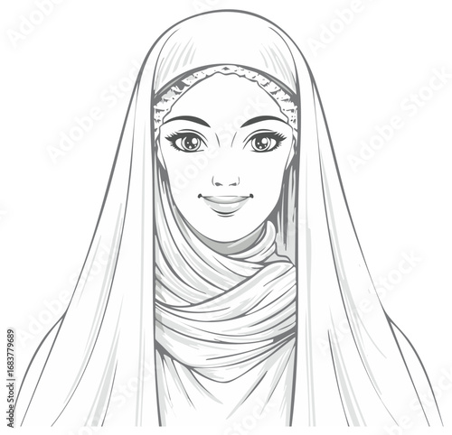Portrait of a young woman wearing a hijab with a gentle smile and expressive eyes, black and white line art