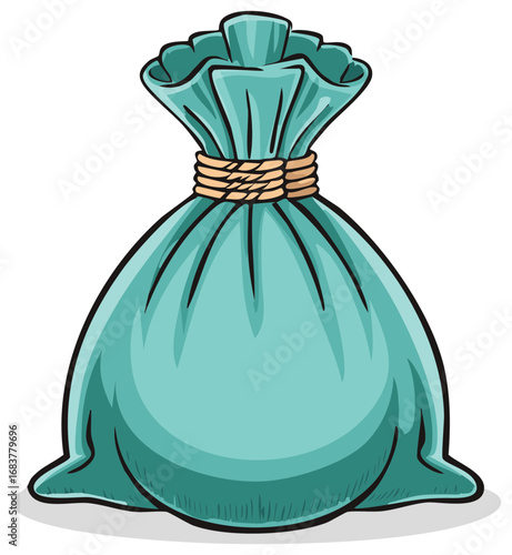 Cartoon illustration of a teal money bag tied with rope, finance themed drawing