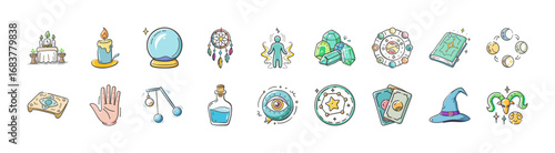 Mystical fortune telling and astrology doodle icons - Collection of hand drawn mystical doodle icons including tarot cards, crystal ball, zodiac signs, candle, potion, dreamcatcher, and astrology 