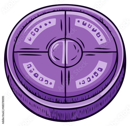 Hand drawn round purple sci fi artifact with alien technology symbols