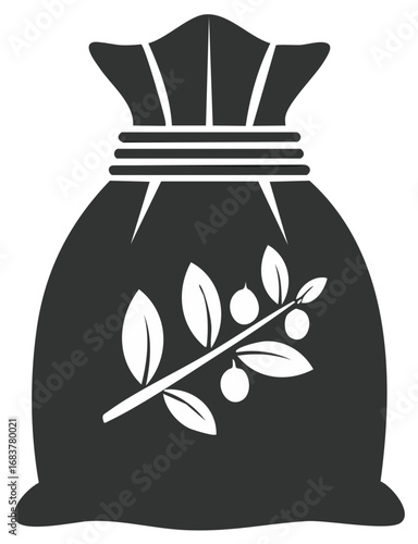 Olive Branch on Full Sack Icon Illustration Rustic Fabric Bag with Plant