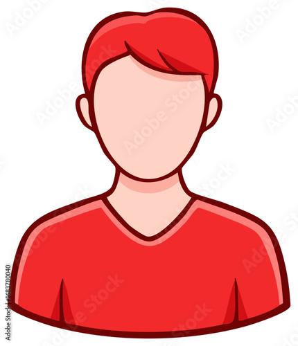 A simple faceless male upper body illustration with red hair, vector drawing of a man in a red t-shirt, cartoon style