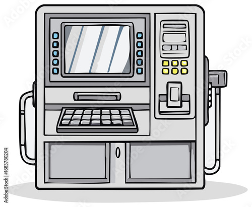 Cartoon ATM Machine Illustration with buttons keypad cash slots banking equipment commerce finance and terminal style design