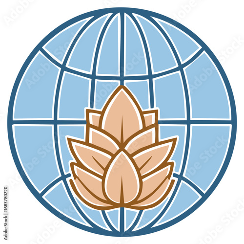 Stylized globe with a stylized lotus flower in the center symbolizing global wellness and nature
