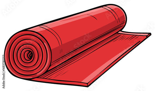 Vivid red rolled yoga mat with unrolling edge isolated on white background for fitness and relaxation
