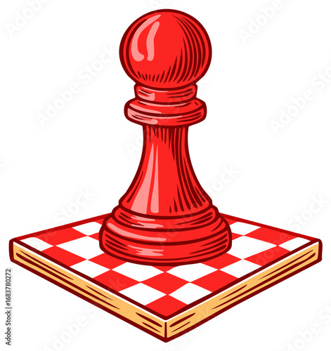 Vibrant red chess pawn standing on a checkered game board tile vector illustration