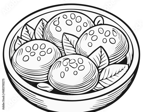 Black and white food illustration of mochi balls served in a bowl with several leaves