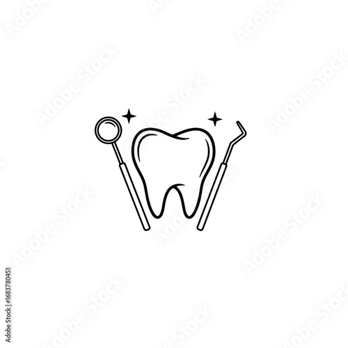 Dental mirror and explorer with sparkling healthy tooth, vector illustration in minimal line art style. Dental clinic,  symbol of regular dental care and healthy oral cavity. National Dentist’s Day