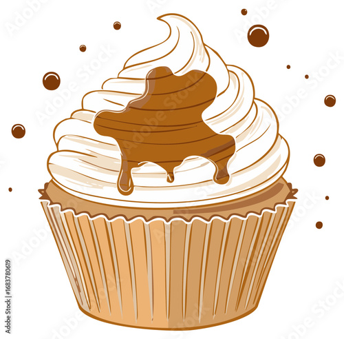 Delicious chocolate drizzled cupcake with swirled cream frosting illustration