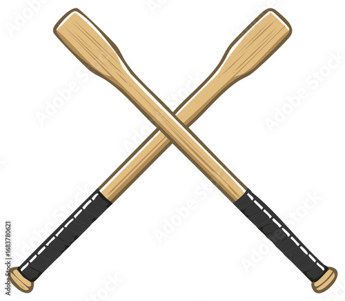 Two crossed wooden baseball bats with black grip tape and clear background