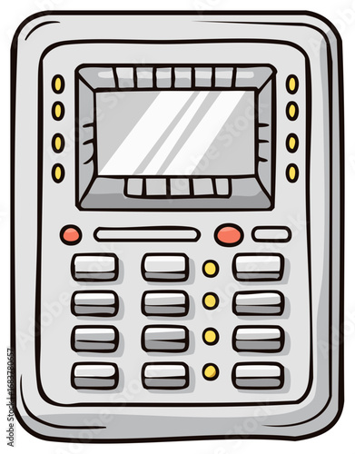 Illustrated cartoon ATM machine with keypad and screen for financial transactions