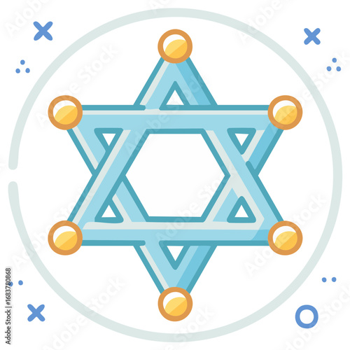 Vector illustration of Star of David symbol in light blue and yellow with decorative elements