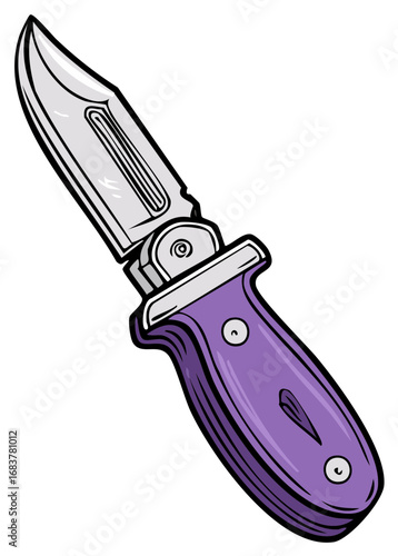 Cartoon illustration of an open folding pocket knife with a purple handle and shiny steel blade