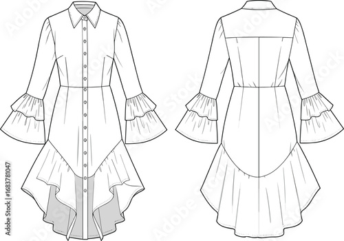 Tiered ruffle sleeve shirt dress fashion sketch, button down design, high low hem cad drawing, vector illustration for garment makers