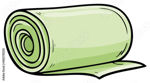 Simple cartoon illustration of a rolled up green yoga mat or fabric