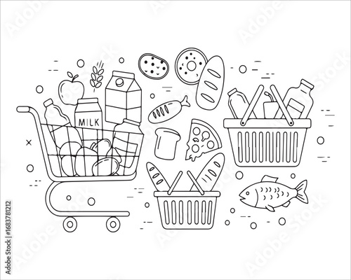 Grocery Shopping Line Art Illustration with Food Items in Cart and Baskets Minimalist Design