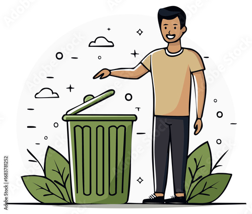 Man properly disposing trash into a green garbage can promoting clean environment