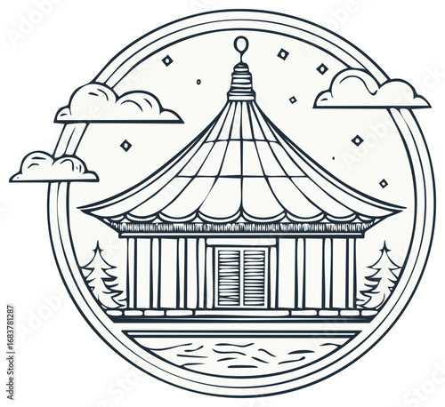Hand-drawn illustration of a traditional Japanese pavilion inside a circular frame