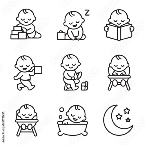 Cute Baby Icons Set Simple Linear Designs for Childhood Themes