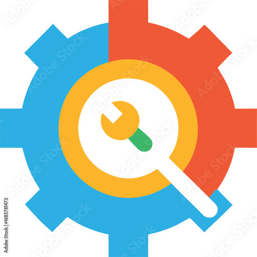 Gear with magnifying glass and wrench symbolizing search and repair