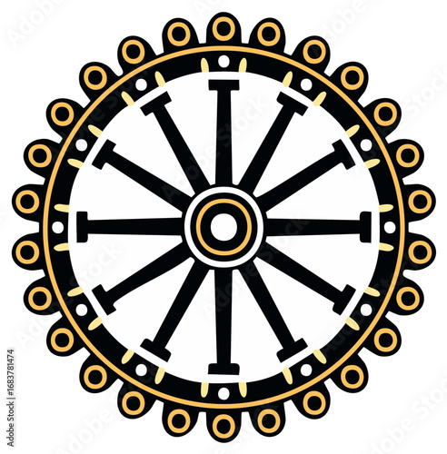 Stylized spiritual wheel illustration with ornate black spokes and golden decorative border