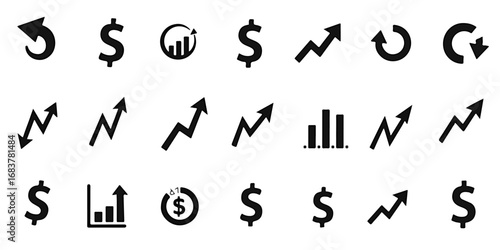 Silhouette Icons Set of Stock market icons showing bullish arrows, bearish charts, stock tickers, dollar signs, and financial reports
