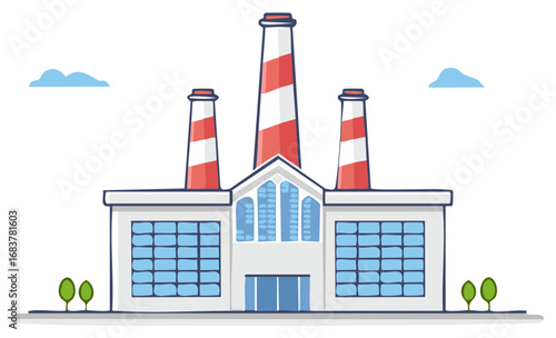 Cartoon illustration of an industrial factory building with tall striped smokestacks
