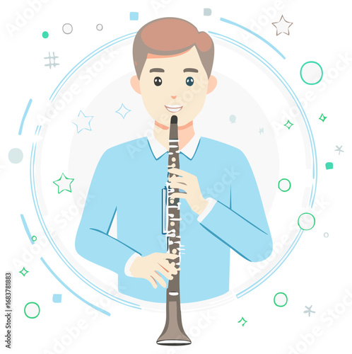 Young man playing a clarinet with a cheerful expression surrounded by musical notes and abstract shapes