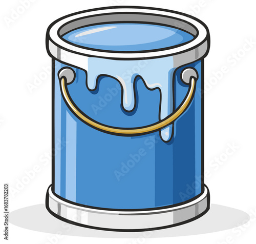 Cartoon style paint bucket with blue liquid and drips, renovation container vector