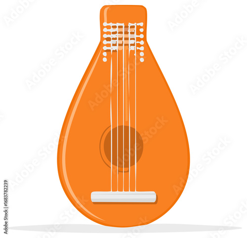Illustrated orange mandolin instrument with six strings, fretboard, bridge, and sound hole