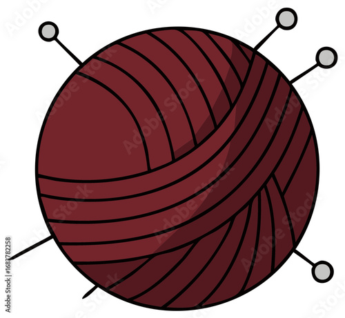 Ball of maroon yarn with four knitting needles for crafting and textile work.