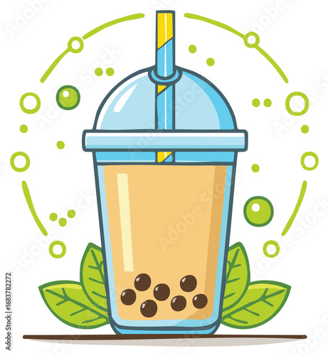 Refreshing bubble tea drink with tapioca pearls and straw surrounded by green accents