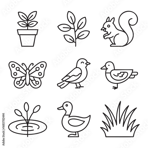Nature Icons Plant, Squirrel, Butterfly, Bird, Duck, and Landscape Elements