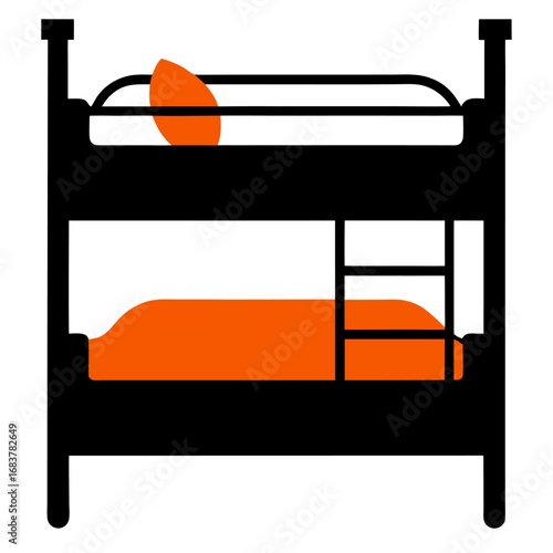 Black bunk bed with orange bedding and pillows vector on white background.