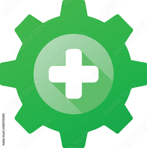 Green gear icon with plus symbol