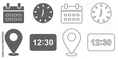Address time date icons set. Address location icon. Clock, timer icon. Date Calendar icon. Time, date, location or place icons symbol. Line and flat web icons. Calendar, clock, and location pin symbol