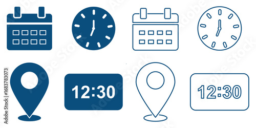 Address time date icons set. Address location icon. Clock, timer icon. Date Calendar icon. Time, date, location or place icons symbol. Line and flat web icons. Calendar, clock, and location pin symbol