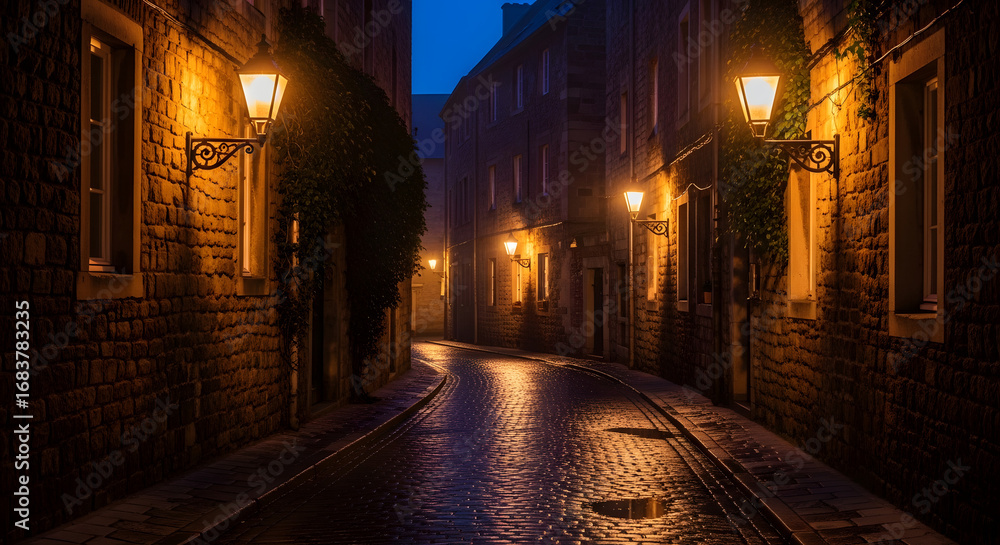 Fototapeta premium Charming European Cobblestone Street at Night with Warm Lantern Light