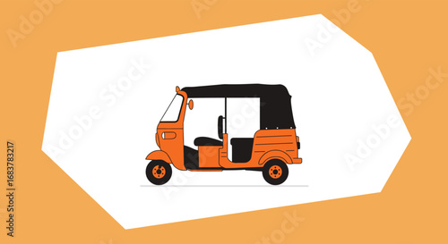 An orange auto rickshaw isolated on white background, a common mode of transportation in many countries, highlighting its compact size and open design
