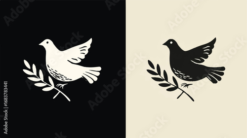 Peace dove with olive branch in monochrome design for symbol of hope and unity