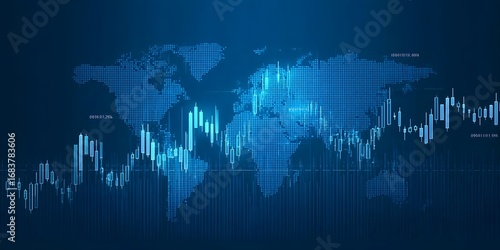 Blue stock market background with a world map and candlestick chart on a dark blue background, 