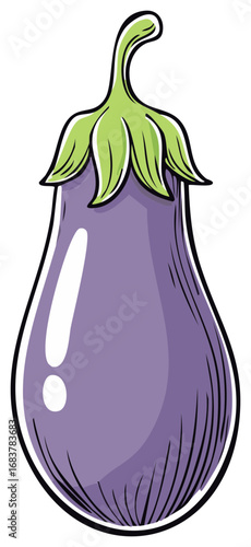 Vibrant eggplant illustration, highlighting purple skin and green calyx in detailed vector style.