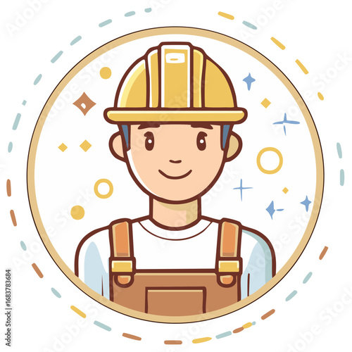 Friendly worker with hard hat illustration in circle border for industrial or construction industries