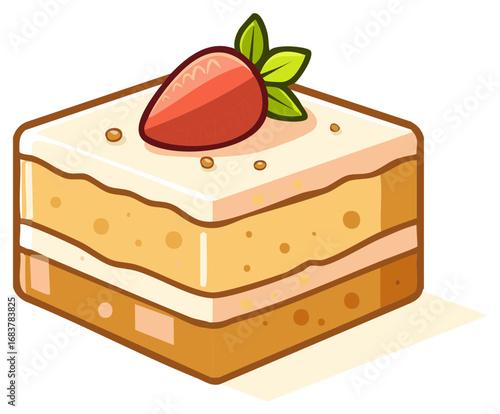 Charming cartoon illustration of a square layered cake slice topped with a fresh strawberry and creamy frosting