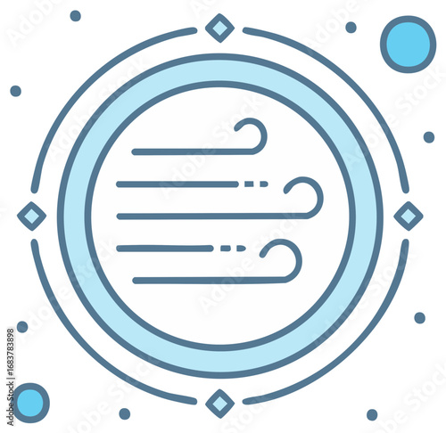 Wind icon, circular frame with lines and dots, weather element, minimalist blue design.