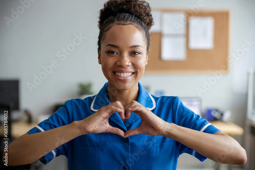 Young black woman in blue uniform making heart shape with hands nurse healthcare worker